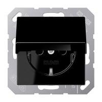 Розетка с заземлением с крышкой безвинтовой зажим 16A 250V Jung A 500 черная A1520KLSW