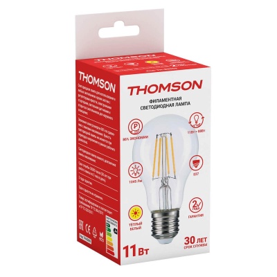 Лампа светодиодная филаментная Thomson E27 11W 2700K груша прозрачная TH-B2063