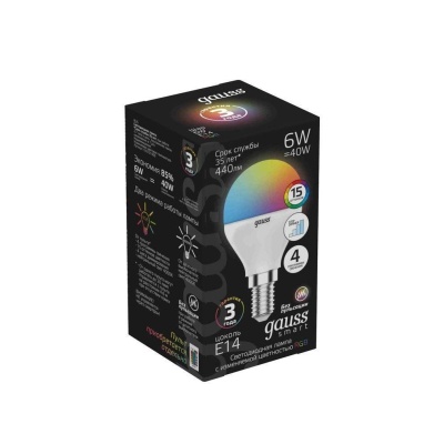 Лампа светодиодная диммируемая Gauss E14 6W RGBW матовая 105101406