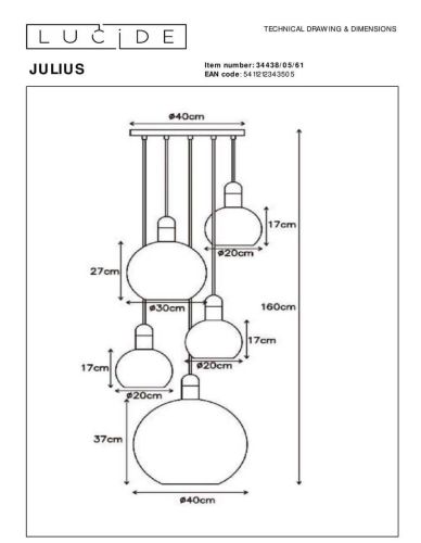 Подвесная люстра Lucide Julius 34438/05/61