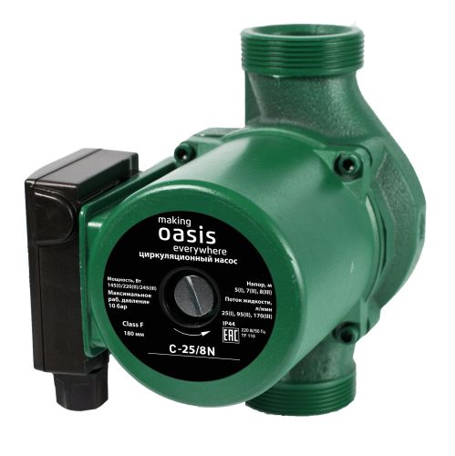 Насос циркуляционный для отопления Oasis C-25/8N с мокрым ротором, 245 Вт, напор 8 м, 170 л/мин, с накидными гайками Насос циркуляционный для отопления Oasis C-25/8N с мокрым ротором, 245 Вт, напор 8 м, 170 л/мин, с накидными гайками