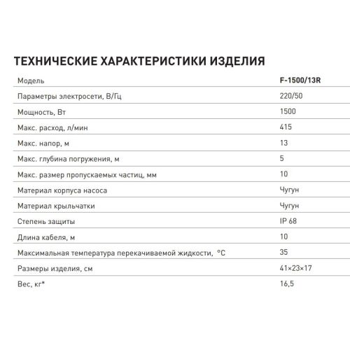 Фекальный насос с режущим механизмом Oasis F-1500/13R, 1500 Вт, 415 л/мин, напор 13 м, с поплавком, для откачки канализации, для грязной воды