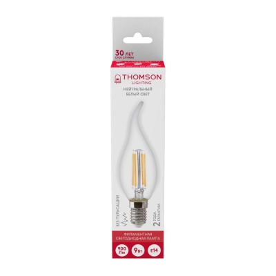 Лампа светодиодная филаментная Thomson E14 9W 4500K свеча на ветру прозрачная TH-B2078