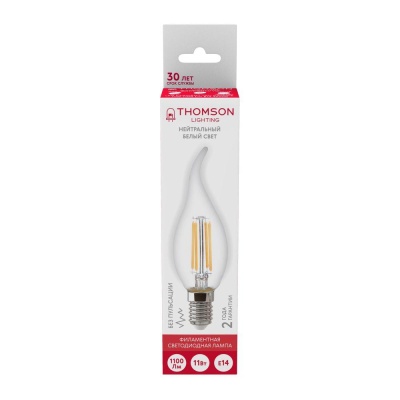 Лампа светодиодная филаментная Thomson E14 11W 4500K свеча на ветру прозрачная TH-B2080
