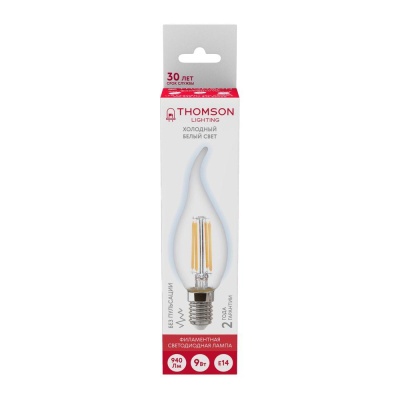 Лампа светодиодная филаментная Thomson E14 9W 6500K свеча на ветру прозрачная TH-B2387